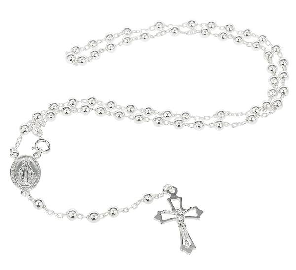 Real 925 Sterling Silver 4mm 18 Inch Beaded Rosary Necklace With Dangling Cross