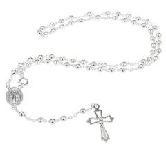 Real 925 Sterling Silver 4mm 18 Inch Beaded Rosary Necklace With Dangling Cross