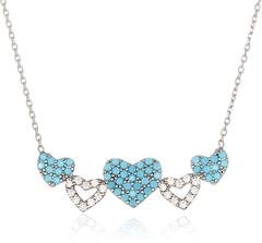 Real 925 Sterling Silver Blue And Clear Multiple Hearts Pendant And 18 Inch Necklace