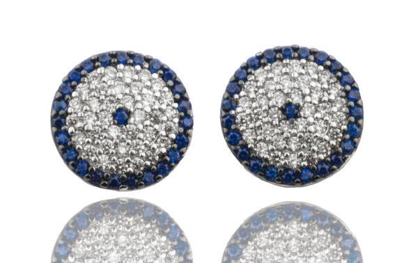 Real 925 Sterling Silver Cubic Zirconia Clear With Blue Stones Owl Eye Earrings