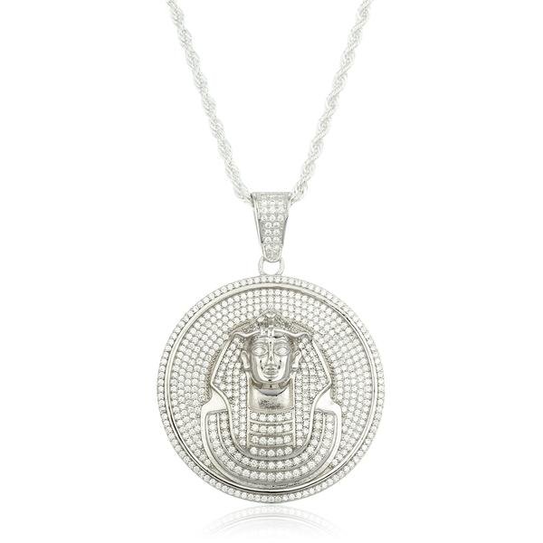 Real 925 Sterling Silver Fully Iced Out Cubic Zirconia Circular Pharoh Pendant With A 30 Inch Brass 3mm Rope Necklace