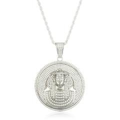Real 925 Sterling Silver Fully Iced Out Cubic Zirconia Circular Pharoh Pendant With A 30 Inch Brass 3mm Rope Necklace