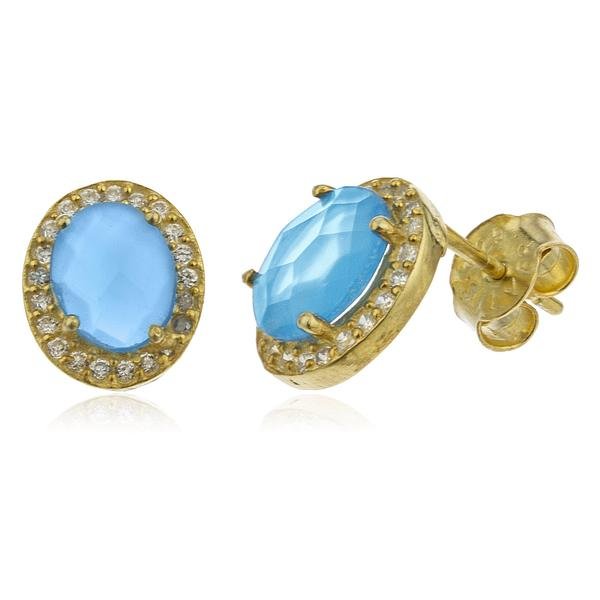 Real 925 Sterling Silver Gold Colored Simulated Topaz Oval Stone With Cz Stones Stud Earrings