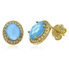 Real 925 Sterling Silver Gold Colored Simulated Topaz Oval Stone With Cz Stones Stud Earrings