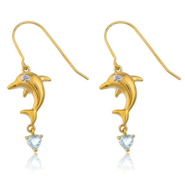 Real 925 Sterling Silver Goldtone Dolphin With Heart Cz Stone Earrings