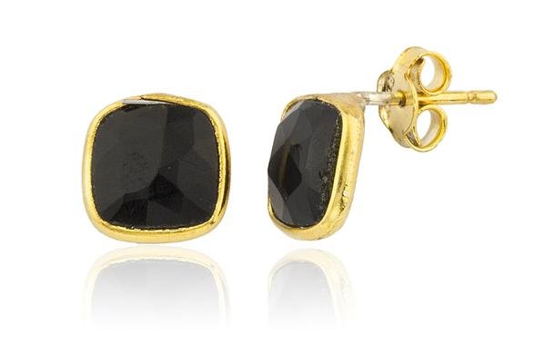 Real 925 Sterling Silver Goldtone Simulated Onyx Square Stone Earrings