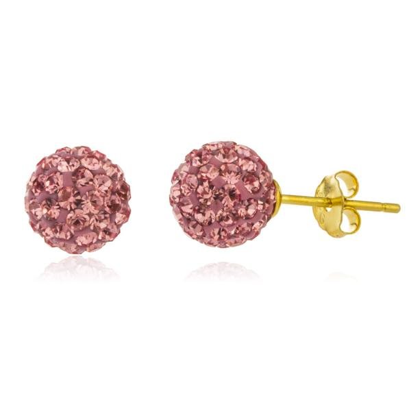 Real 925 Sterling Silver Goldtone With Pink 8mm Preciosa Crystals Stud Earrings
