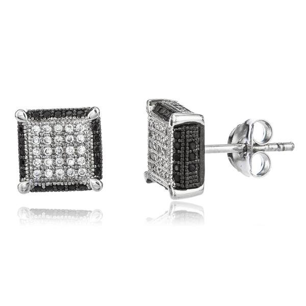 Real 925 Sterling Silver With Clear And Black Outline Cz Stones 10mm Boxed Stud Earrings