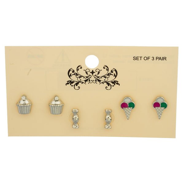 Silvertone Cupacke, Candy And Ice Cream Themed Three Pair Stud Earrings Set