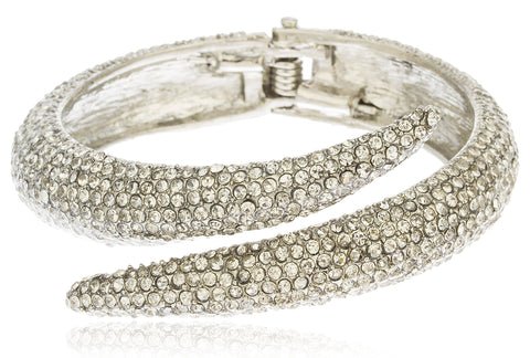 Silvertone Iced Out Swirl Hinged Bangle Bracelet With Clear Stones