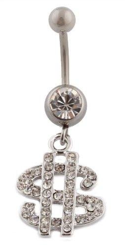 Iced Out Dollar Sign with Clear Rhinestones Belly Ring