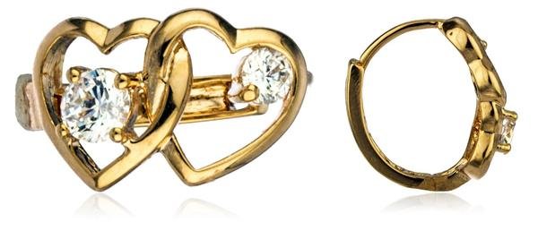 Two Year Warranty Gold Overlay 'Love Locked' .5 Inches Heart Loop Earrings With Cubic Zirconia Stones