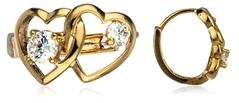 Two Year Warranty Gold Overlay 'Love Locked' .5 Inches Heart Loop Earrings With Cubic Zirconia Stones