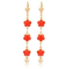 Two Year Warranty Gold Overlay With Lipstick Red Dangling Flower Link Earrings